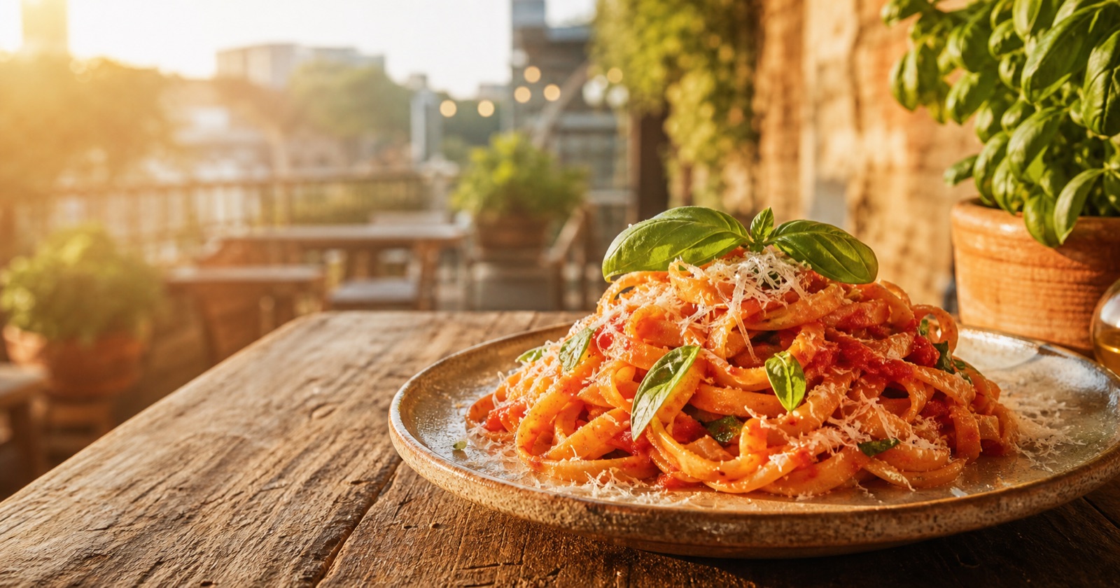 A plate of fresh pasta with basil on a sunny patio table